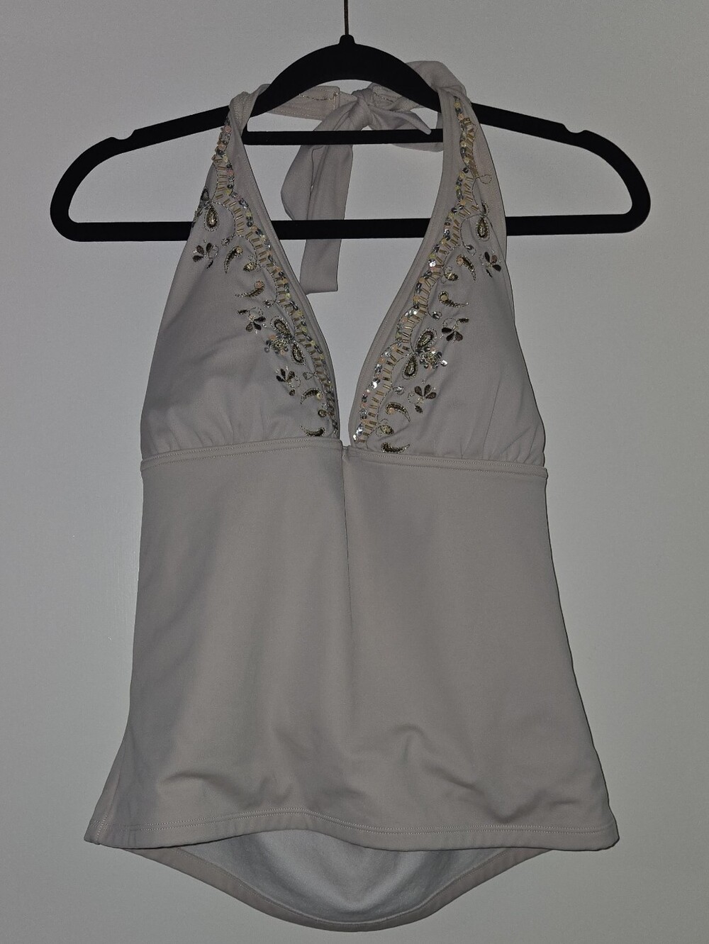 Beautique Cream Halter Tankini Top with Embellished Neckline